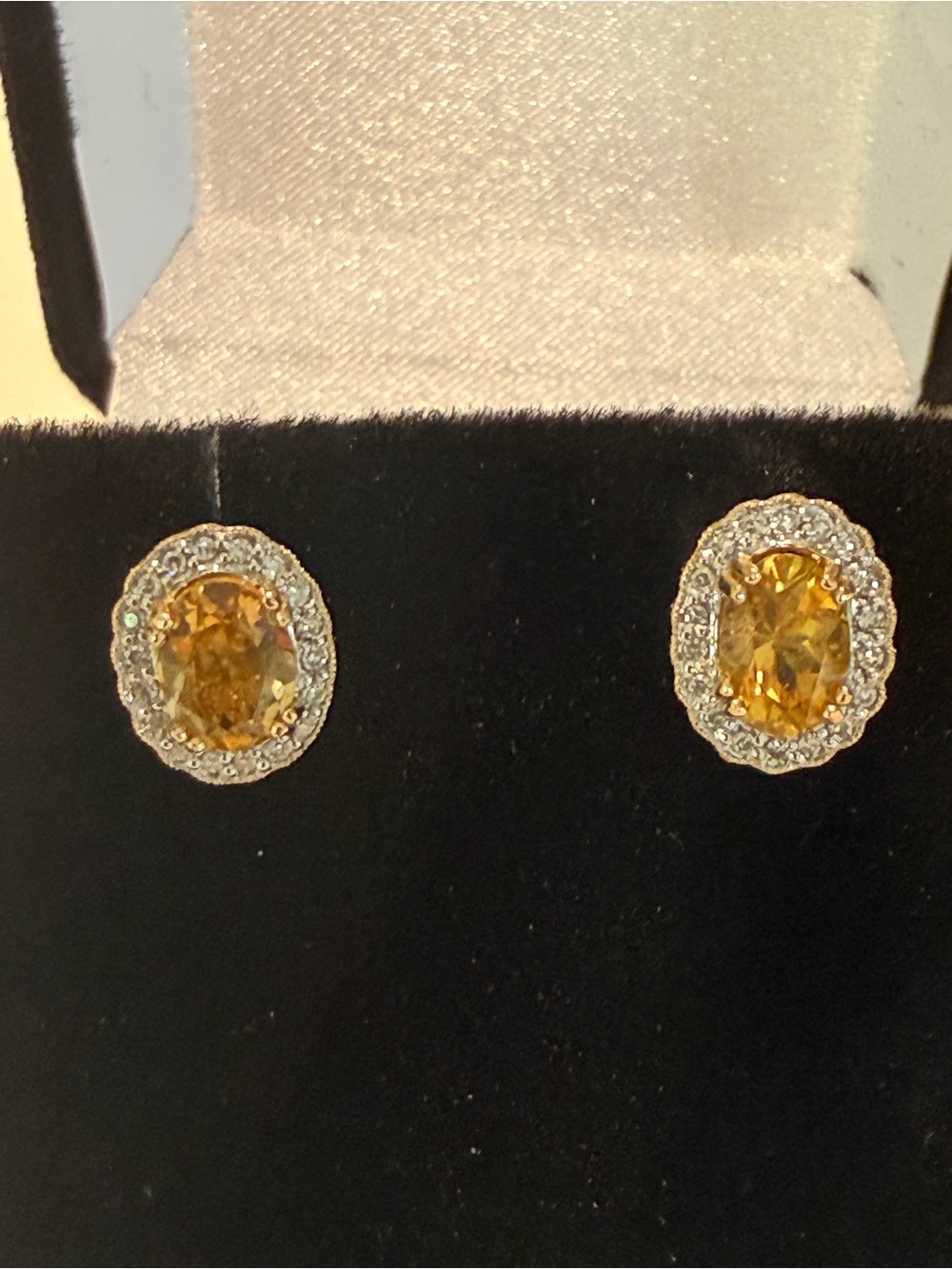 Oval Cut Citrine with Diamond Halo Stud Earrings - 14k gold setting